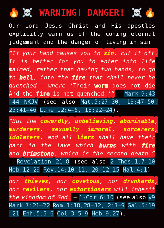 Side 1 of A6 tract showing warning Scripture